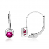 14K White Gold Round Pink Tourmaline Bezel Lever-back Earrings