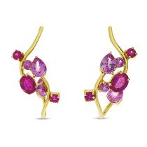 14K Yellow Gold Scattered Pear, Oval and Round Ruby Hoop Earrings