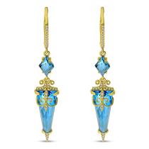 14K Yellow Gold Blue Topaz and Diamond Dangle Earrings