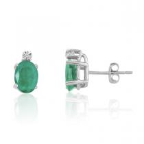 14K White Gold Oval Emerald and Diamond Earrings