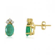 14K Yellow Gold Oval Emerald and Diamond Earrings