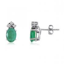 14K White Gold Oval Emerald and Diamond Earrings