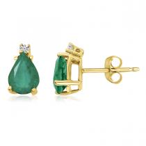 14K Yellow Gold Pear Emerald and Diamond Earrings