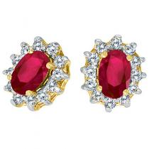 14K Yellow Gold Precious Oval Ruby and Diamond Earrings