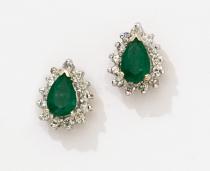 14K Yellow Gold Pear Emerald and Diamond Earrings