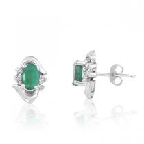 14K White Gold Oval Emerald and Diamond Earrings