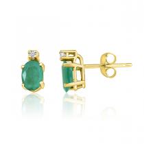 14K Yellow Gold Oval Emerald and Diamond Earrings