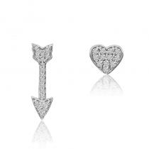 14K White Gold Heart and Arrow Diamond Mismatched Fashion Earring