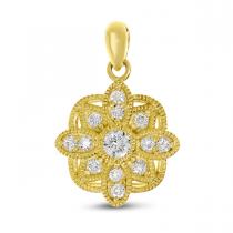 14K Yellow Gold Diamond Millgrain Floral Pendant