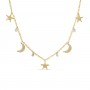 14K Yellow Gold Dashing Diamond Moon and Stars Pierced Diamonds Necklace