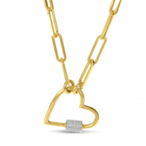 14K Yellow Gold Diamond Heart Lock Pendant with Paperclip Chain