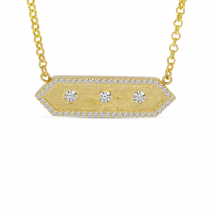 14K Yellow Gold Diamond Halo Brushed Hexagon Bar Necklace