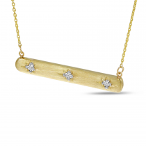 14K Yellow Gold 3 Diamond Brushed Gold Bar Necklace