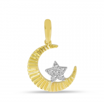 14K Two Tone Gold Textured Moon & Diamond Star Pendant