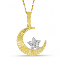 14K Yellow Gold Textured Moon & Diamond Star Pendant