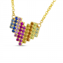 14K Yellow Gold Rainbow Sapphire Digital Heart Necklace