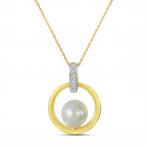 14K Yellow Gold Pearl and Diamond Frontal Hoop Pendant 