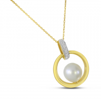 14K Yellow Gold Pearl and Diamond Frontal Hoop Pendant 