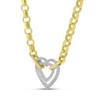 14K Two Tone Gold Double Diamond Heart on Heavy Yellow Gold Rolo Chain Necklace