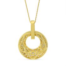 14K Yellow Gold Round and Baguette Pave Diamond Circle Pendant