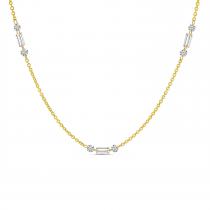 14K Yellow Gold Dashing Diamond Baguette and Round Diamond 3 Station Necklace