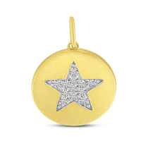 14K Yellow Gold Diamond Brushed Star Disc Pendant