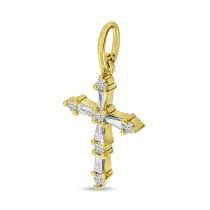 14K Yellow Gold Round and Baguette Diamond Cross Pendant
