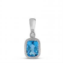 14K White Gold Blue Topaz Cushion Semi & Diamond Pendant
