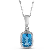 14K White Gold Blue Topaz Cushion Semi & Diamond Pendant