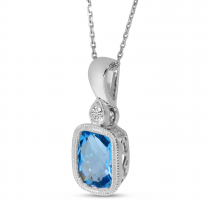 14K White Gold Blue Topaz Cushion Semi & Diamond Pendant