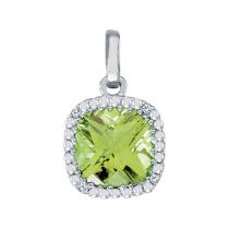 14K White Gold 7mm Cushion Peridot and Diamond Pendant