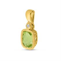 14K Yellow Gold Cushion Peridot and Diamond Millgrain Pendant