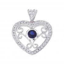 14K White Gold Precious 3.5 mm Round Sapphire and Diamond Filigree Heart Fashion
