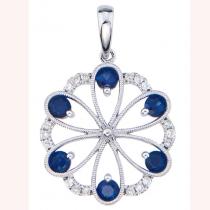 14K White Gold Precious Sapphire and Diamond Round Flower Fashion Pendant