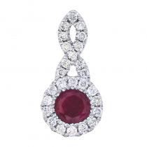 14K White Gold 4mm Round Precious Ruby and Diamond Swirl Pendant