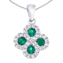 14K White Gold Precious Round Emerald and Diamond Clover Fashion Pendant