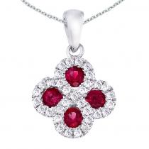 14K White Gold Precious Round Ruby and Diamond Clover Fashion Pendant