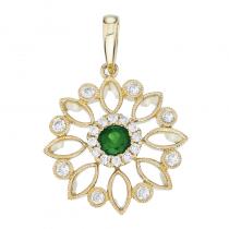 14K Yellow Gold 4mm Emerald and Diamond Filigree Fashion Pendant