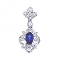 14K White Gold Precious Oval Sapphire and Diamond Fleur De Lis Drop Pendant