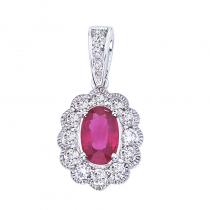 14K White Gold Precious Oval Ruby and Diamond Pendant