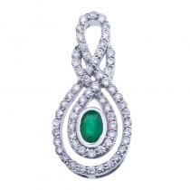 14K White Gold Precious Oval Emerald and .90 Ct Diamond Pendant