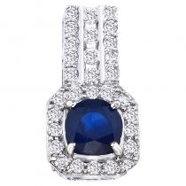 14K White Gold Precious .90 Ct Round Sapphire and Diamond Square Fashion Pendant