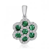 14k White Gold Precious Emerald Round Flower Fashion Pendant