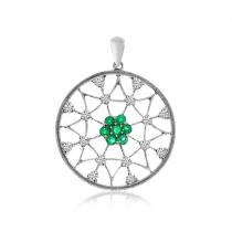 14K White Gold Precious 2mm Round Emerald and Diamonds Dream Catcher Pendant