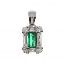 14K White Gold Baguette Diamond and Emerald cut Ruby Precious Pendant