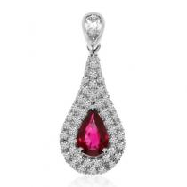 14K White Gold Pear Shape Ruby Pave AA Diamond Precious Pendant