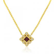 14K Yellow Gold Princess Ruby and Diamond Filigree Precious Necklace