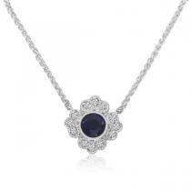 14K White Gold Round Sapphire and Diamond Filigree Precious Necklace