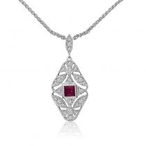 14K White Gold Princess Ruby and Diamond Filigree Precious Necklace