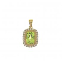 14K Yellow Gold Cushion Peridot and Diamond Halo Semi Precious Pendant